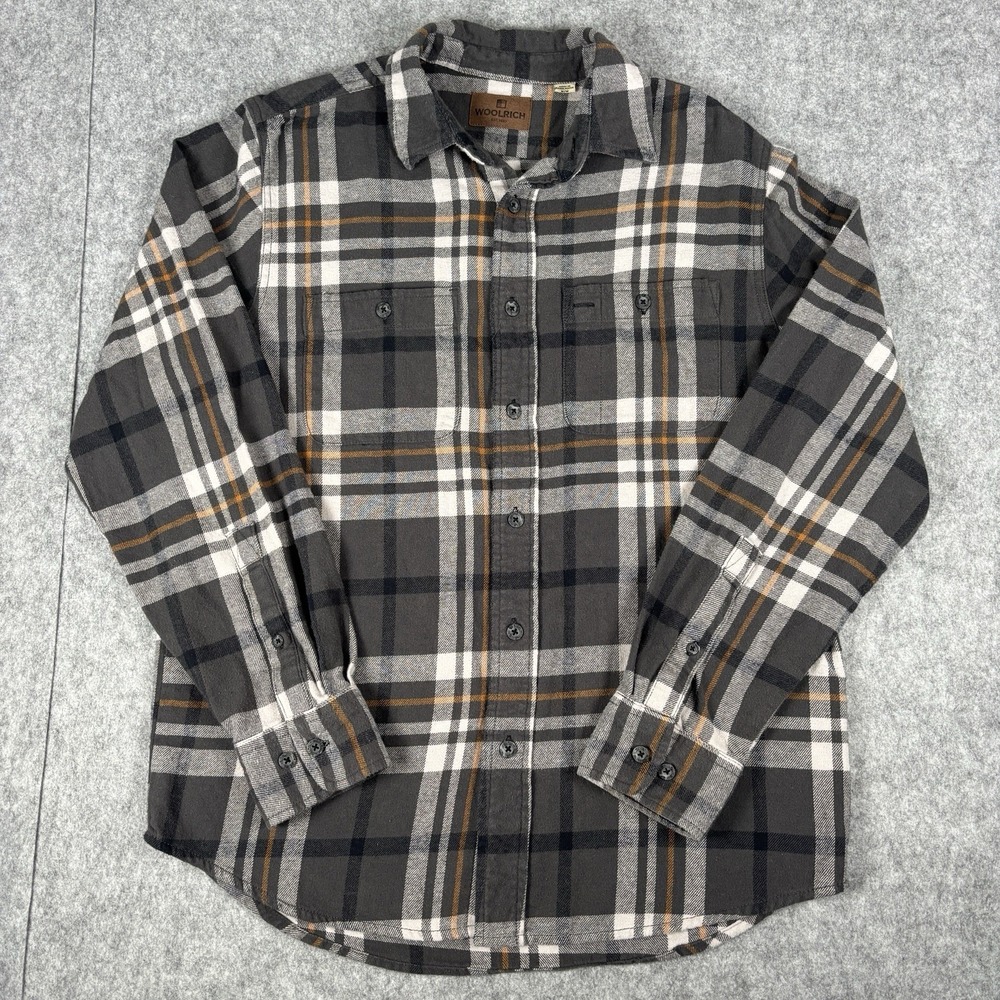 Woolrich Button Up Flannel Shirt Mens Size M Brown Gray Plaid Long Sleeve
